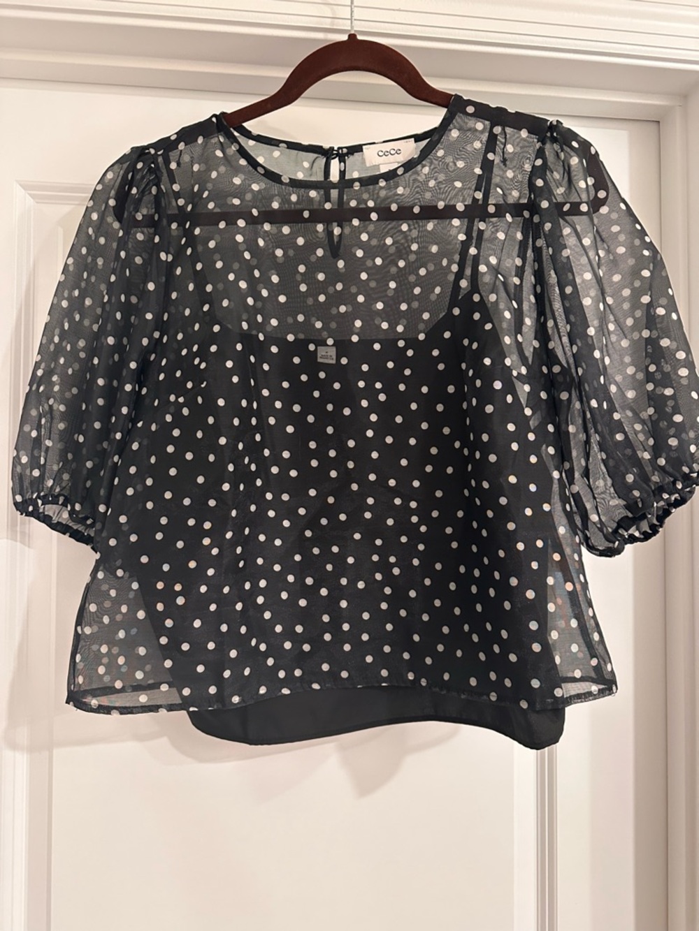 CeCe Black and White Polka Dot Puff Sleeve Blouse - Picture 2 of 6